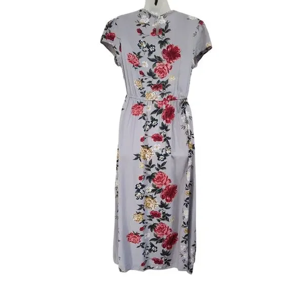 Angie Floral Crochet Trim Midi Faux Wrap Dress Cap Sleeve Multicolor Size Small - Picture 2 of 8